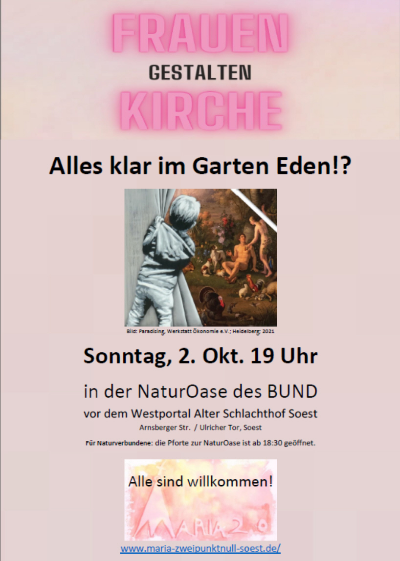Read more about the article 2. Okt. „Frauen gestalten Kirche“ – Alles klar im Garten Eden!?