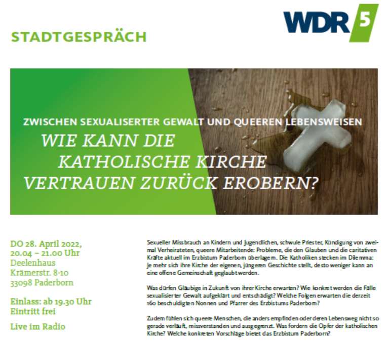 Read more about the article 28. April: WDR 5 Stadtgespräch: Zwischen sexualisierter Gewalt und queeren Lebensweisen